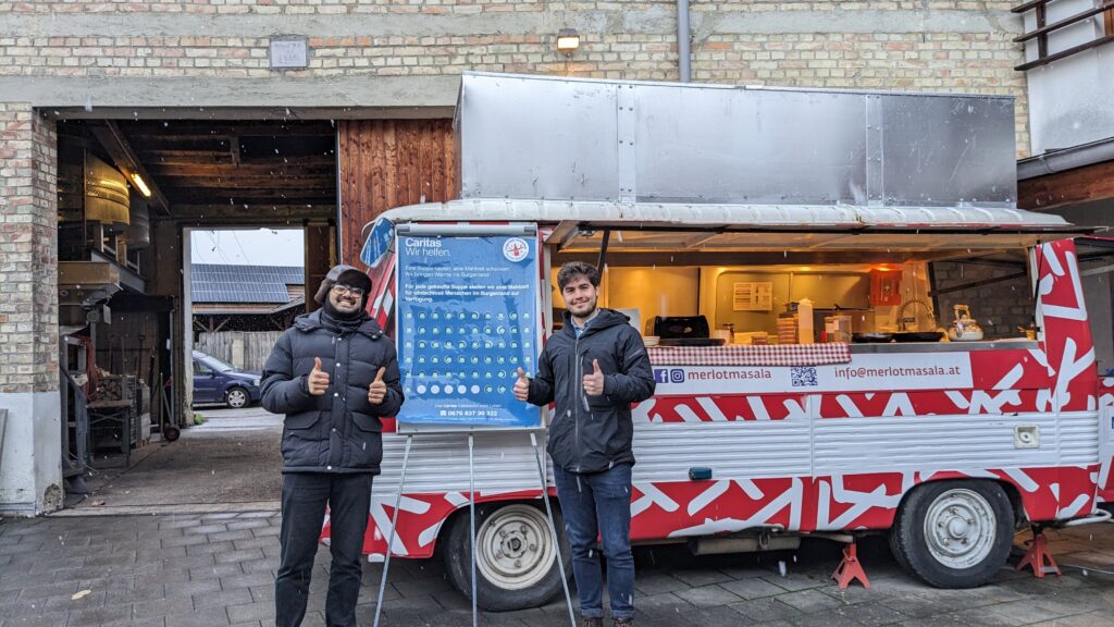 Our 51 year old food truck, named Gertrude is a Peugeot J7, where it is serving curries in our Saturday Heuriger Location at Weingut Nehrer